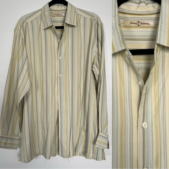 Tommy Bahama Shirt Men's Large Green Striped 100% Silk Button‎ Up Retro Beach - Picture 1 of 12